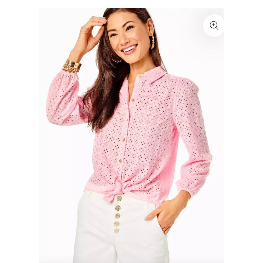 Lilly Pulitzer Sea Breeze Button Up Eyelet Top Pink Size XL in EUC